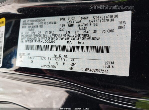 1FTER1FH7NLD00297 2022 FORD RANG Black Engine compartment view