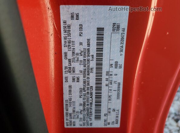 1FTER1FH8LLA98129 2020 FORD RANG Red Widok naklejki z numerem VIN