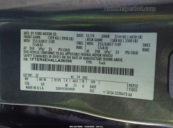 1FTER4EH4LLA06596 2020 FORD RANG Gray Вид підкапотного простору
