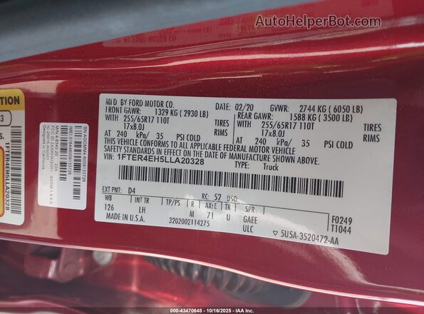 1FTER4EH5LLA20328 2020 FORD RANG Red Engine compartment view