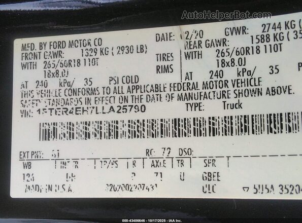 1FTER4EH7LLA25790 2020 FORD RANG Черный Вид подкапотного пространства