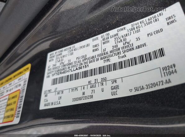 1FTER4EH7LLA56151 2020 FORD RANG Gray Widok komory silnika