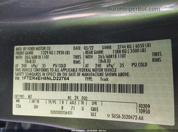 1FTER4EH8NLD22764 2022 FORD RANG Gray Շարժիչի բաժամունքի տեսք