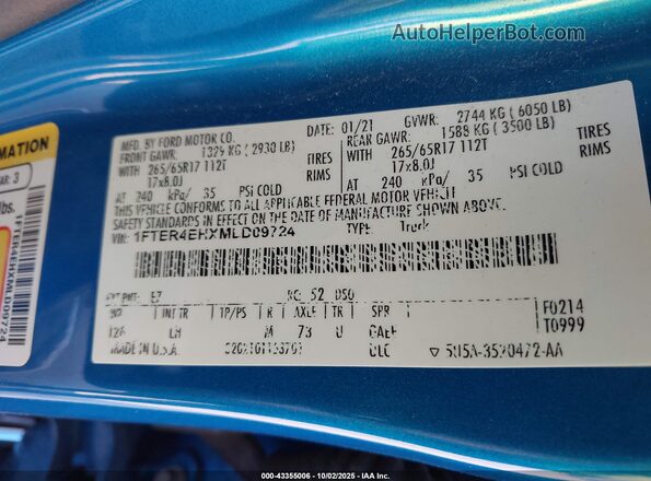 1FTER4EHXMLD09724 2021 FORD RANG Blue Вид підкапотного простору