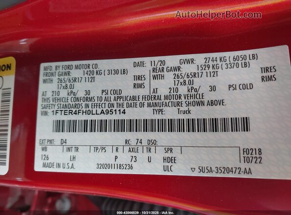 1FTER4FH0LLA95114 2020 FORD RANG Красный Вид подкапотного пространства