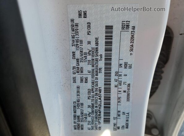 1FTER4FH2LLA57481 2020 FORD RANG White Vista del compartimento del motor