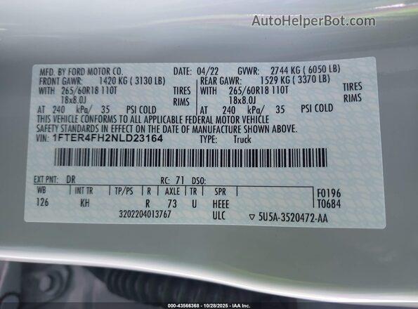 1FTER4FH2NLD23164 2022 FORD RANG Gray Widok komory silnika