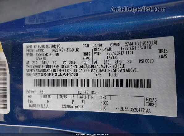 1FTER4FH3LLA44769 2020 FORD RANG Blue Շարժիչի բաժամունքի տեսք