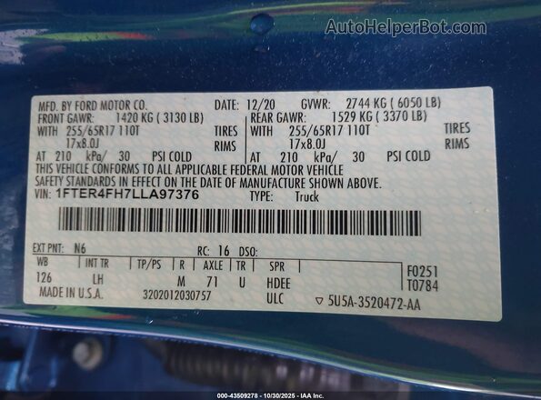 1FTER4FH7LLA97376 2020 FORD RANG Blue Widok komory silnika