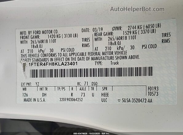 1FTER4FH8KLA23401 2019 FORD RANG Белый Вид подкапотного пространства