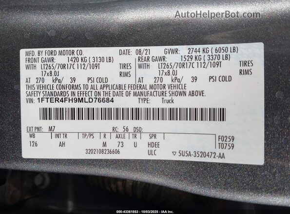 1FTER4FH9MLD76684 2021 FORD RANG Silver Вид підкапотного простору
