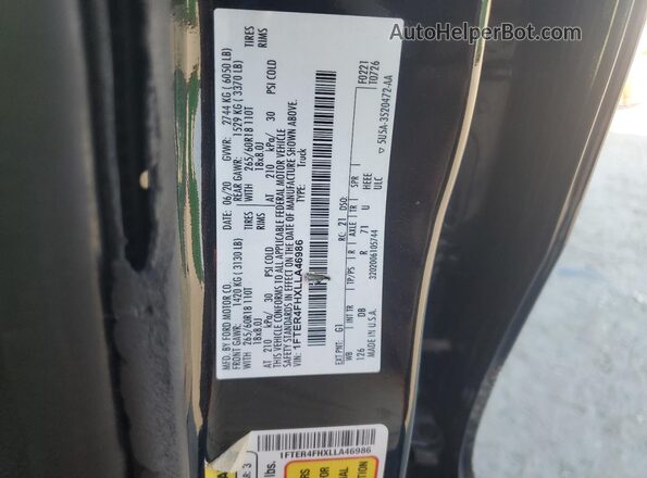 1FTER4FHXLLA46986 2020 FORD RANG Black VIN კოდის სტიკერის ხედი