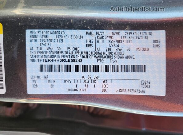 1FTER4HH0RLE58243 2024 FORD RANG Gray VIN კოდის სტიკერის ხედი