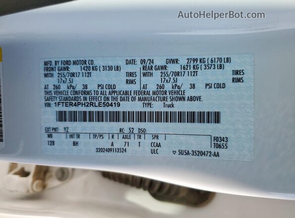 1FTER4PH2RLE50419 2024 FORD RANG White Շարժիչի բաժամունքի տեսք