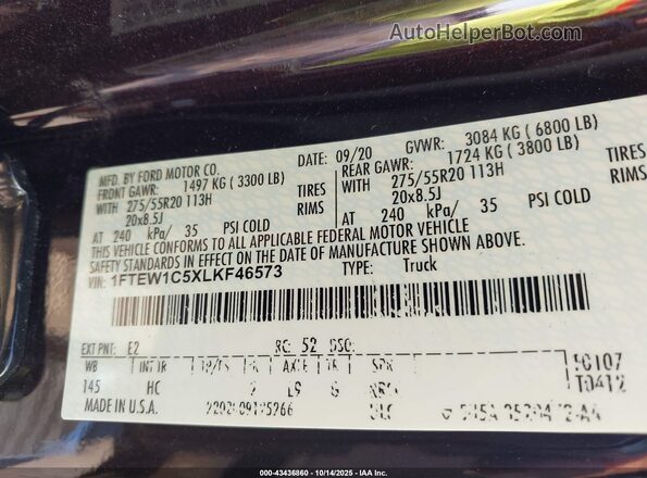 1FTEW1C5XLKF46573 2020 FORD F150 Black Вид підкапотного простору