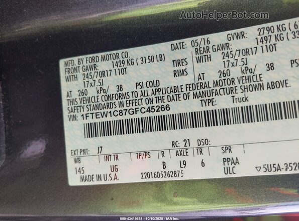 1FTEW1C87GFC45266 2016 FORD F150 Gray Вид підкапотного простору