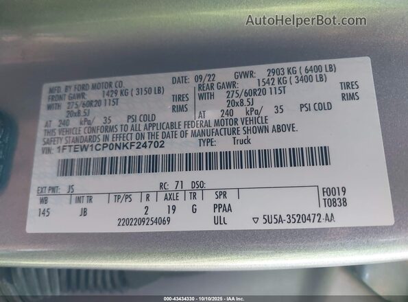 1FTEW1CP0NKF24702 2022 FORD F150 Серебряный Вид подкапотного пространства
