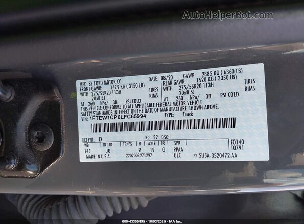 1FTEW1CP6LFC65994 2020 FORD F150 Gray ძრავის განყოფილების ხედი