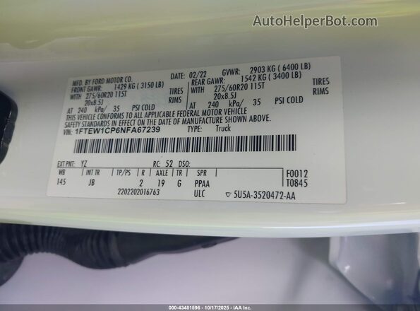1FTEW1CP6NFA67239 2022 FORD F150 White Вид підкапотного простору