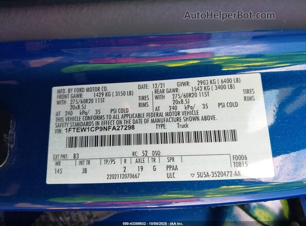 1FTEW1CP9NFA27298 2022 FORD F150 Синий Вид подкапотного пространства
