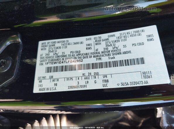 1FTEW1E47LFB42952 2020 FORD F150 Black Շարժիչի բաժամունքի տեսք