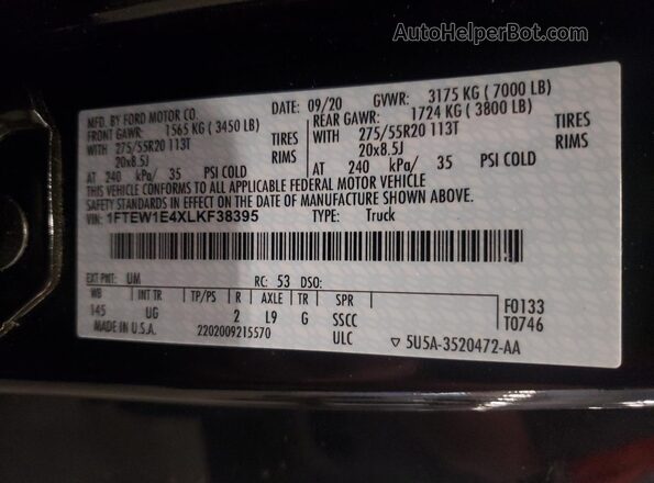 1FTEW1E4XLKF38395 2020 FORD F150 Black Widok komory silnika
