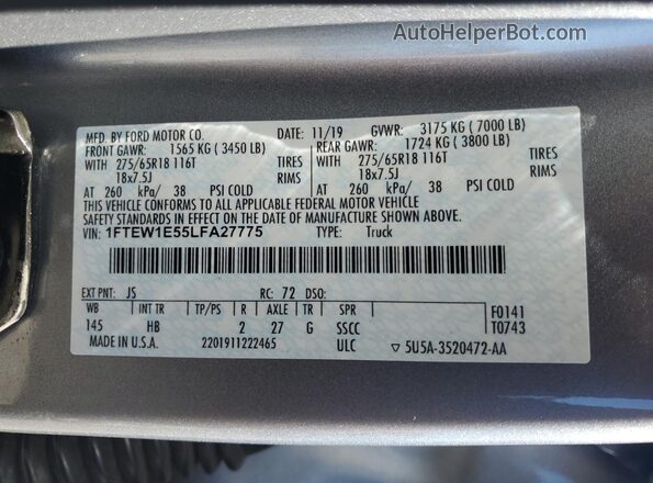 1FTEW1E55LFA27775 2020 FORD F150 Silver Widok komory silnika