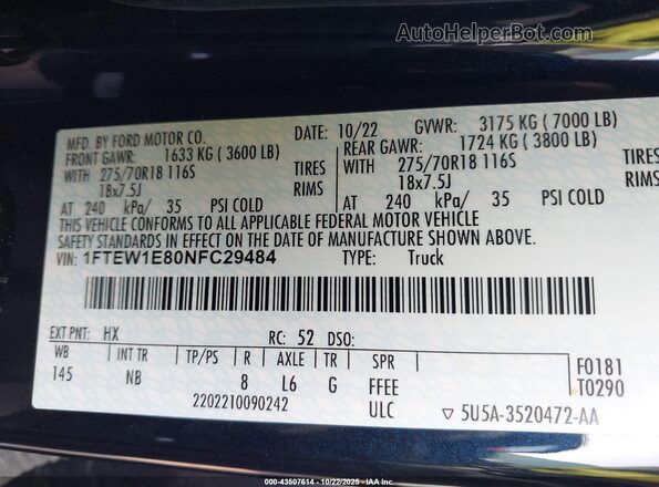 1FTEW1E80NFC29484 2022 FORD F150 Черный Вид подкапотного пространства
