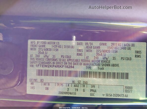 1FTEW2KP4RKF18284 2024 FORD F150 Blue Widok komory silnika