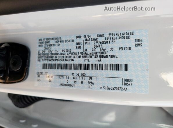 1FTEW2KP6RKE69816 2024 FORD F150 White Вид підкапотного простору