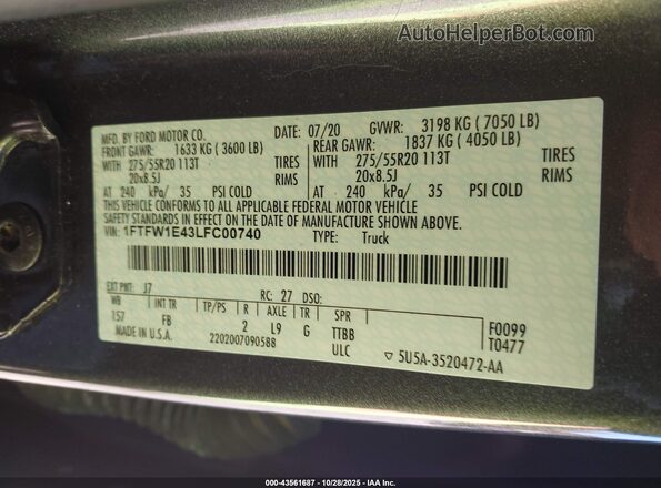 1FTFW1E43LFC00740 2020 FORD F150 Gray Вид підкапотного простору
