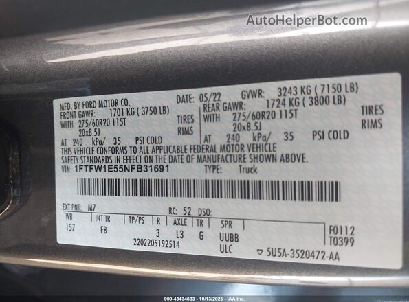 1FTFW1E55NFB31691 2022 FORD F150 Gray Вид підкапотного простору