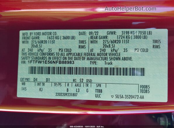 1FTFW1E56NFB88983 2022 FORD F150 Red Widok komory silnika