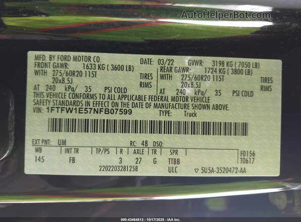 1FTFW1E57NFB07599 2022 FORD F150 Black Вид підкапотного простору