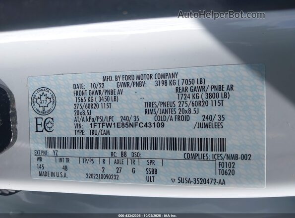1FTFW1E85NFC43109 2022 FORD F150 Белый Вид подкапотного пространства