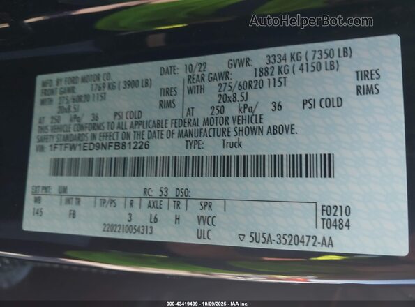 1FTFW1ED9NFB81226 2022 FORD F150 Black Vista del compartimento del motor