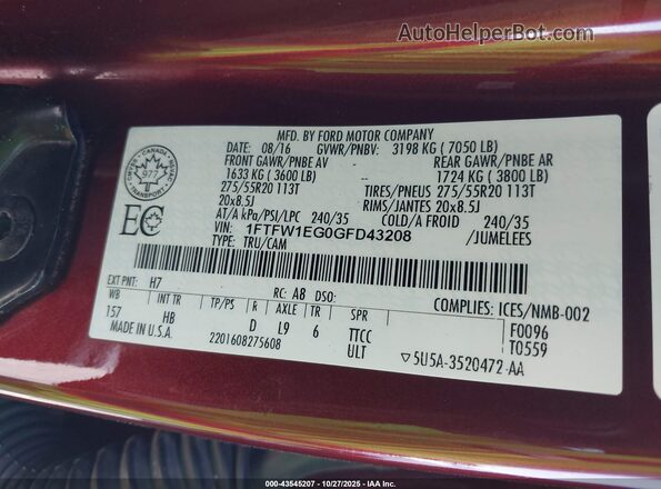 1FTFW1EG0GFD43208 2016 FORD F150 Burgundy Vista del compartimento del motor