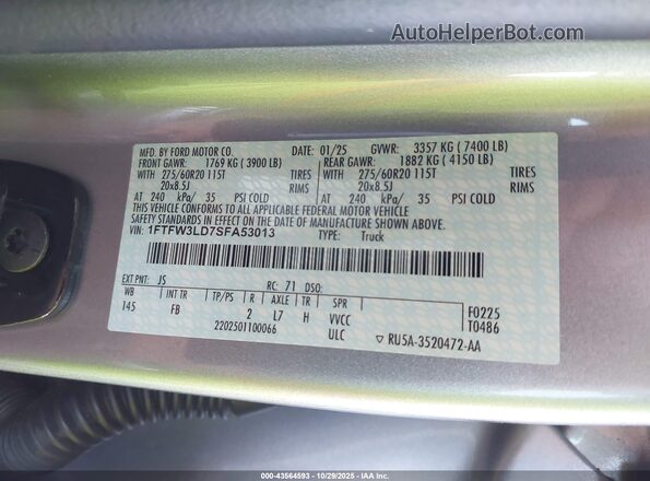 1FTFW3LD7SFA53013 2025 FORD F150 Gray Շարժիչի բաժամունքի տեսք