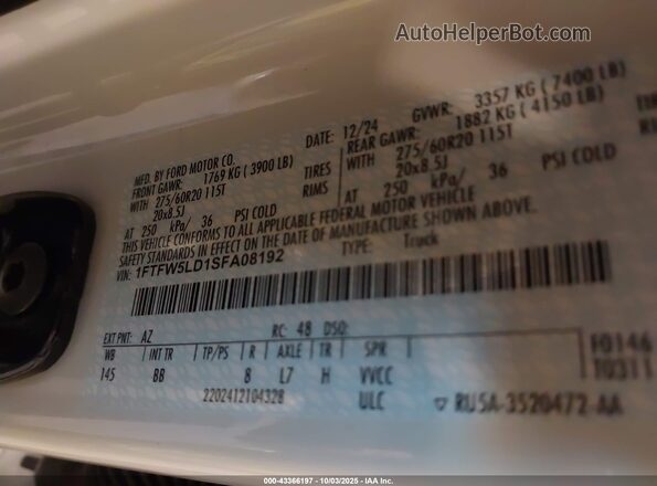 1FTFW5LD1SFA08192 2025 FORD F150 White Widok komory silnika