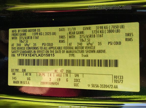 1FTFX1E47LKD15815 2020 FORD F150 Черный Вид подкапотного пространства