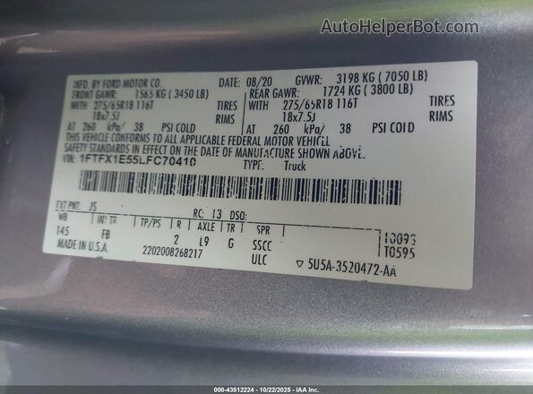 1FTFX1E55LFC70410 2020 FORD F150 Silver Շարժիչի բաժամունքի տեսք