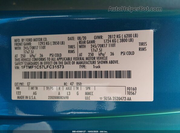 1FTMF1C57LFC31573 2020 FORD F150 Blue Շարժիչի բաժամունքի տեսք