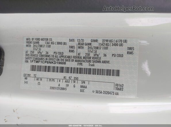1FTMF1CP8NKD19608 2022 FORD F150 Белый Вид подкапотного пространства