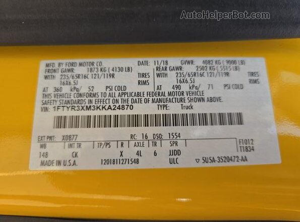 1FTYR3XM3KKA24870 2019 FORD TRANSIT-250  
