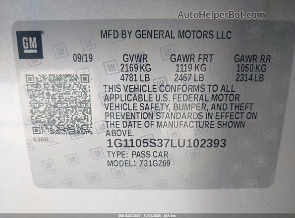 1G1105S37LU102393 2020 CHEVROLET IMPALA Silver Շարժիչի բաժամունքի տեսք