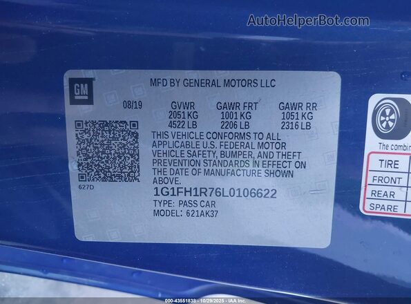 1G1FH1R76L0106622 2020 CHEVROLET CAMARO Blue Vista del compartimento del motor