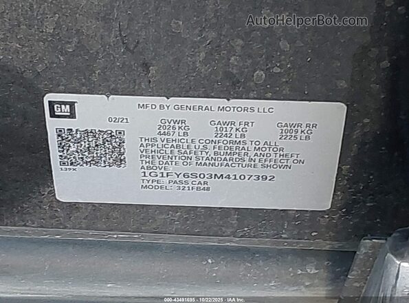 1G1FY6S03M4107392 2021 CHEVROLET BOLT Gray 