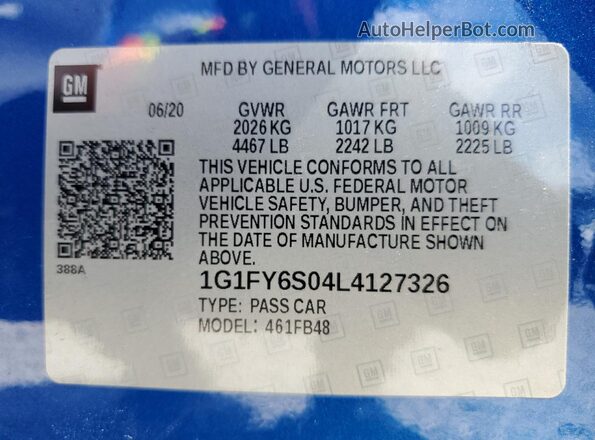1G1FY6S04L4127326 2020 CHEVROLET BOLT Blue VIN sticker view