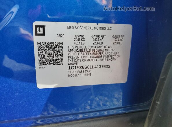 1G1FZ6S01L4137633 2020 CHEVROLET BOLT Синий 