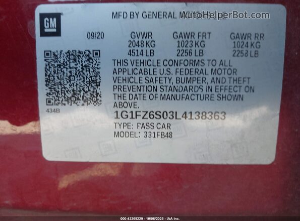 1G1FZ6S03L4138363 2020 CHEVROLET BOLT Red 